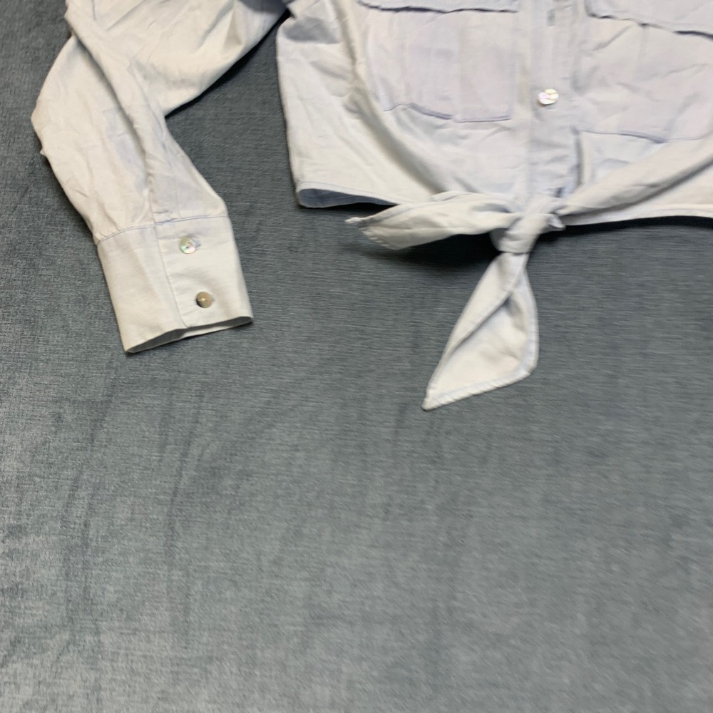 Zara Cropped Shirt Womens Small Light Blue Tie Front Utility Pockets Minimalist - Picture 2 of 16